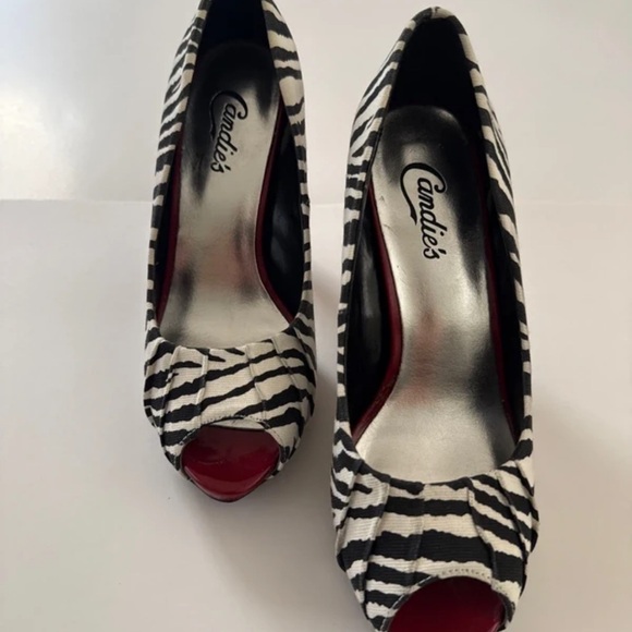 Candie's Shoes - Candie's Black & White Zebra Peep-Toe Heels with Red Accents